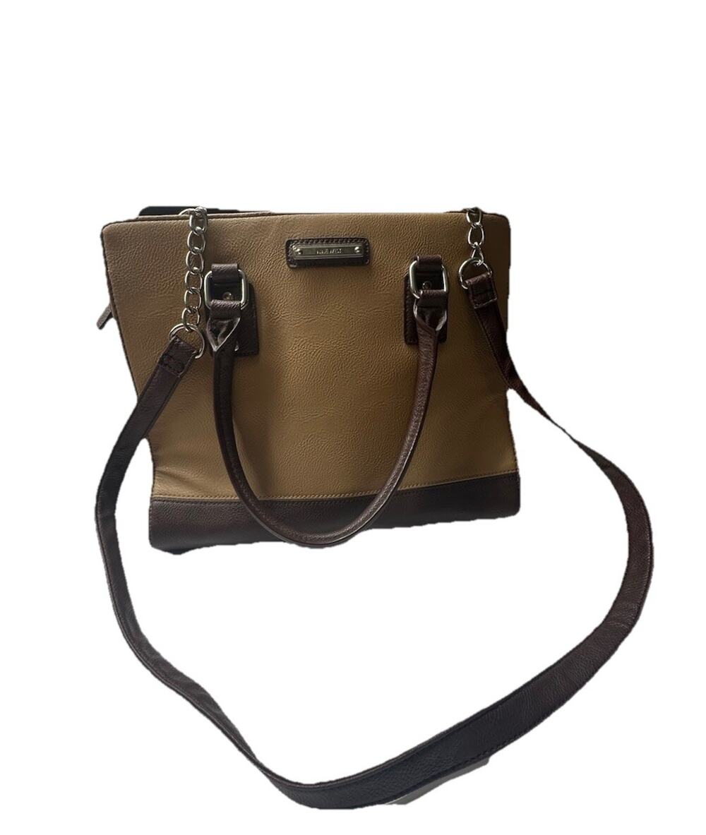 Nine West Satchel Handbag Purse Brown Tan Tote Shoulder Bag Faux Leather Medium